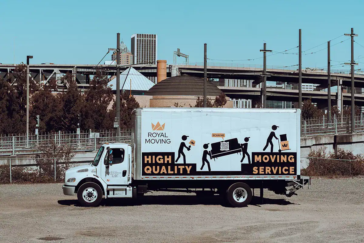 Portland movers: a Royal Moving truck with the downtown Portland skyline in the background